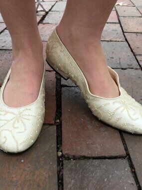 Vintage 50s Caparros Wedding Flats, Size 7, Ivory Ballet Beaded Ballet Flats